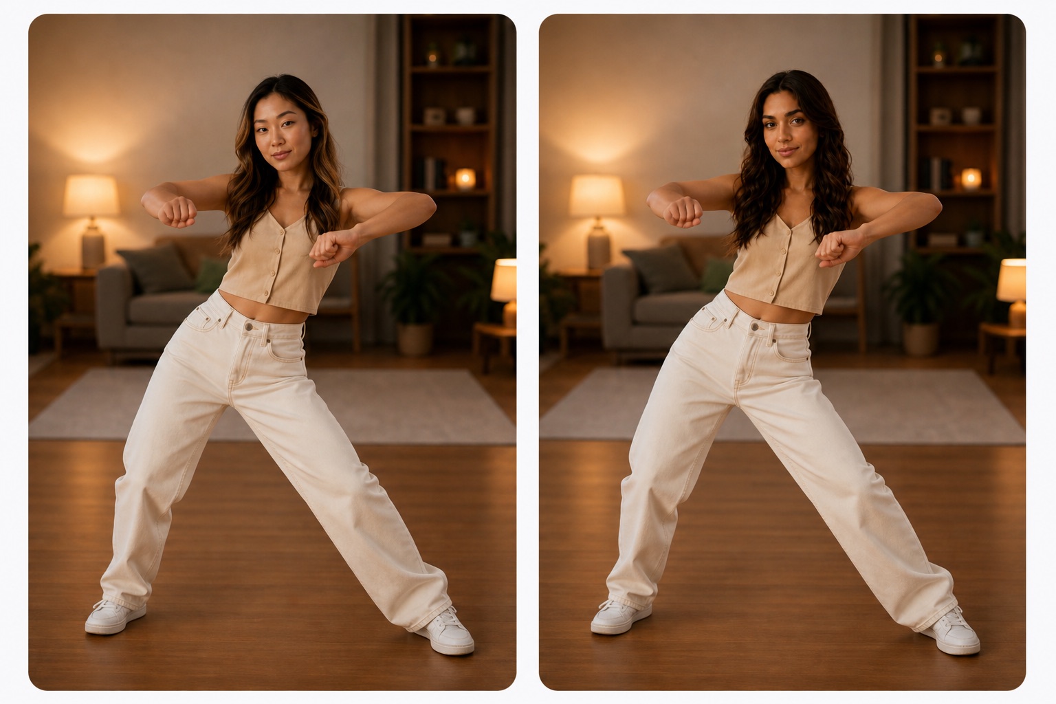 Viral dance reference and creator remix with matching pose and outfit